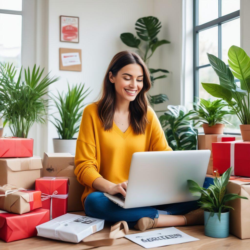 A vibrant and colorful online shopping scene with a stylish, happy shopper clicking a 'discount' button on their laptop, surrounded by beautifully wrapped packages, sale tags, and percentage-off signs. Make the background a cozy home setting with a coffee cup and house plants. vector art, vibrant colors, modern feel.