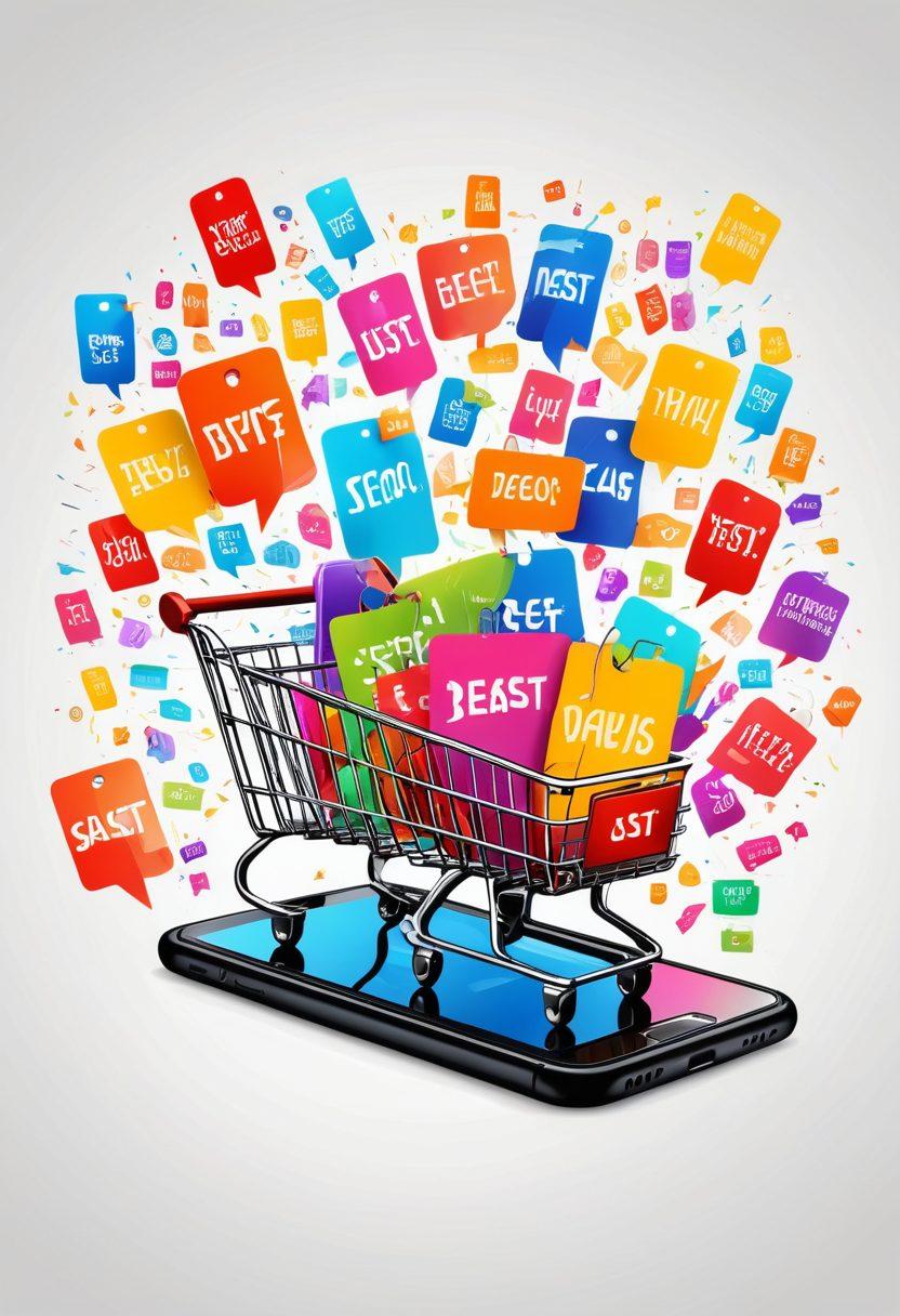 A vibrant online shopping scene with a diverse group of happy shoppers swiping through their smartphones, surrounded by colorful discount tags, shopping carts overflowing with products, and a glowing screen displaying 'Best Deals'. The mood should be energetic and modern. Vector art. Vibrant colors. White background.
