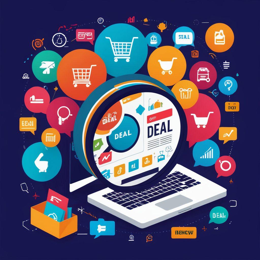 A vibrant online marketplace teeming with shoppers, various product icons, discount tags, and shopping carts, with a magnifying glass highlighting a 'Best Deal' banner. Infographic elements showcasing tips and tricks around the edges. Bright and lively atmosphere. vector art. vibrant colors.
